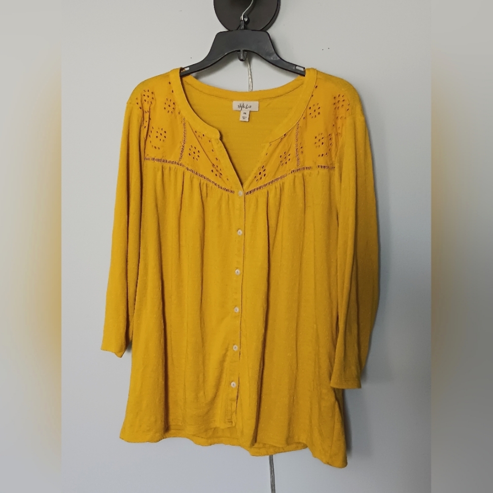 (GUC) Style & Co - Women's Shirt Blouse, 3/4 Sleeve, buttons, Yellow, size 2XL